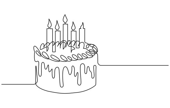 Continuous line drawing of a birthday cake with candle,Continuous Line Drawing of Happy Birthday Icon. Hand Drawn Symbol Vector Illustration, one continuous line drawing of birthday cake
