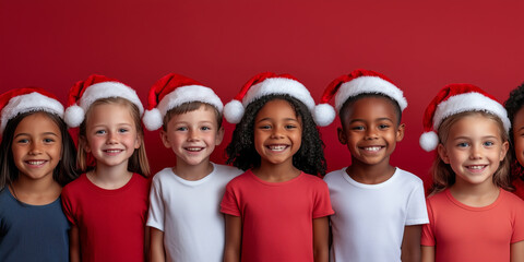 Group of funny happy multiracial kids wearing Santa hats against solid background. Children celebrating Christmas.