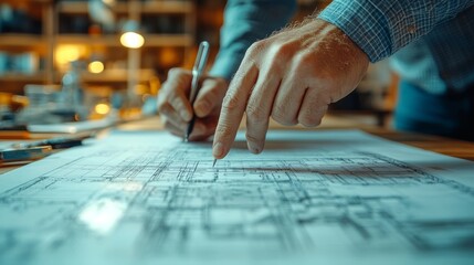 Poster - closeup engineer architect hands drawings on table in modern office