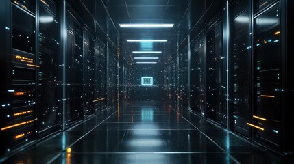 A long, dark hallway inside a data center, lit with bright, blue lights. The rows of servers glow with orange lights, creating a futuristic ambiance.