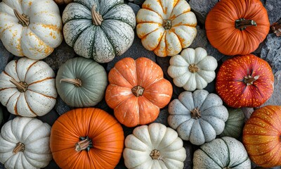 Poster - A colorful assortment of pumpkins in different shapes and sizes gathered together, evoking the spirit of the autumn season