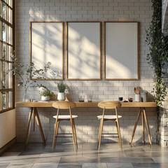 A mockup of Three blank white poster A3 frames on a wall of modern kitchen. Natural soft light comes from the window.