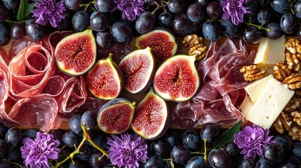 Wall Mural - Fresh figs and grapes are arranged with cured meats and cheese, complemented by colorful edible flowers on a rustic wooden platter