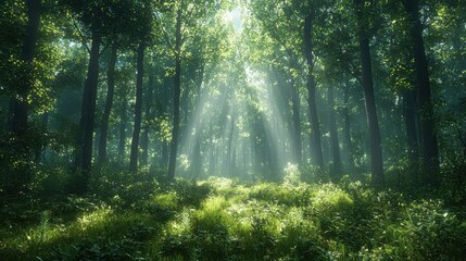  Sunlight beams through dense forest.