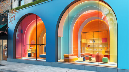 Playful colorful storefront design, modern style elegant storefront display fashion display.