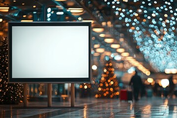 Poster - Mock up with blank digital display and Travelers at airport terminal decorated with Christmas lights