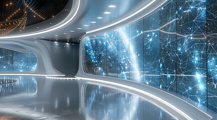 Leinwandbilder - A futuristic convention stage centered on artificial intelligence, a large curved LED screen displaying dynamic AI visuals, a glossy floor with intelligent lighting that changes based on the topic.