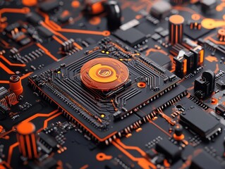 Close-up view of a modern circuit board with intricate details and vibrant orange accents.