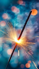 Wall Mural - sparkler burning with blue bokeh background