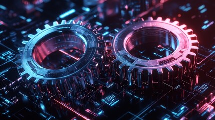 Aufkleber - Interconnected metal gears rest on a circuit board, illuminated by colorful neon lights, symbolizing technological advancement and innovation