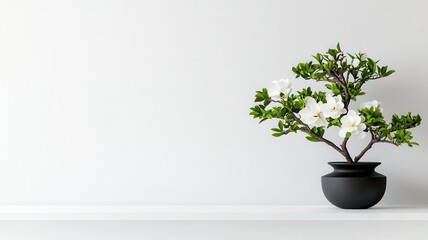 Wall Mural - Bonsai tree with white flowers in a black pot on a minimalistic background.