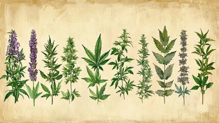Poster - intage-style botanical illustration showing different stages and varieties of cannabis plants, displayed on a textured background