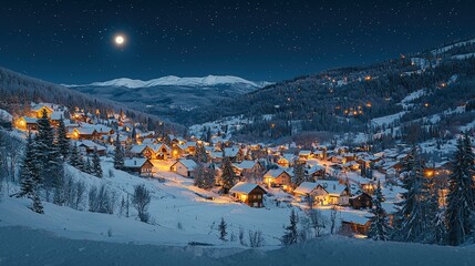 Canvas Print - The tranquil village glows under the moonlight, surrounded by snow-covered mountains and tall evergreen trees, creating a peaceful winter atmosphere