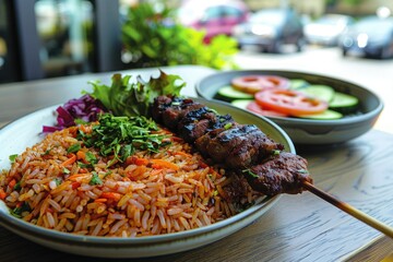 Wall Mural - Tasty grilled meat skewers with seasoned rice and fresh veggies at a casual spot