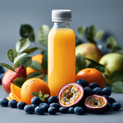 Canvas Print - A white juice bottle with fresh blueberries, oranges, apples, and passion fruit on the side. There are plenty of blueberries in the background and the overall, color palette is bright.