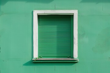 Poster - A green window with slatted shutters sits on a matching green wall, emphasizing a calm and minimalistic aesthetic