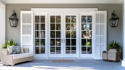 Poster - A stylish entryway features white double doors, decorative sidelights, and cozy seating adorned with greenery on a bright day