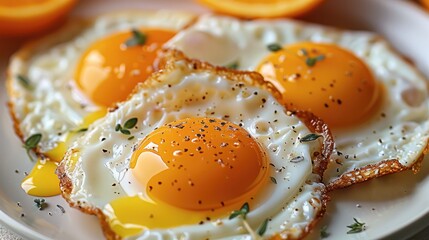 Poster - A plate of fried eggs and orange slices.