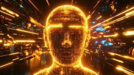 Poster - A glowing digital human head surrounded by streaks of light in a futuristic digital landscape.