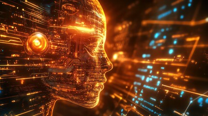 Poster - A glowing, digital rendering of a human head, with circuit board lines and glowing lights, representing artificial intelligence and technology.