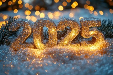 Poster - The sparkling numbers representing 2025 are surrounded by snow and adorned with warm twinkling lights, creating a festive atmosphere