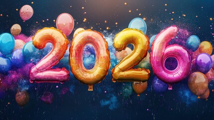 Poster - Festive decorations showcase the New Year 2026 with colorful balloons and lively confetti creating a joyful celebration atmosphere