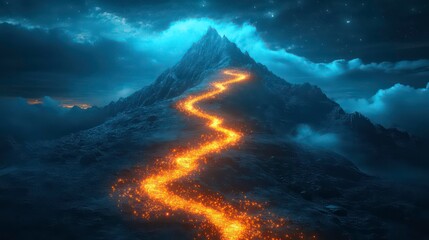 Wall Mural - a winding path of glowing embers leads up a snow-capped mountain peak under a dark sky.