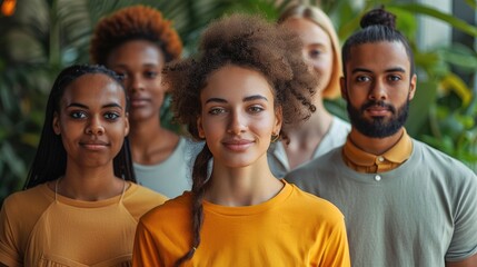 Sticker - Group of diverse people standing together, demonstrating resilience, empathy, and support in a nurturing and uplifting environment, with symbols of growth like light and plants surrounding them.