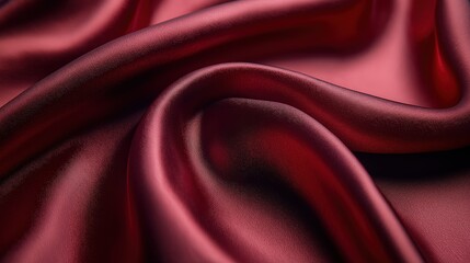 Wall Mural - Elegant deep red satin fabric draped and folded on a surface, showcasing its smooth texture and rich color in soft light