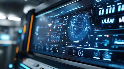 Poster - A futuristic control panel with a large screen displaying data and graphs in blue and orange.