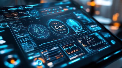 Poster - Close-up of a futuristic digital interface with various data points and charts displayed on a screen.