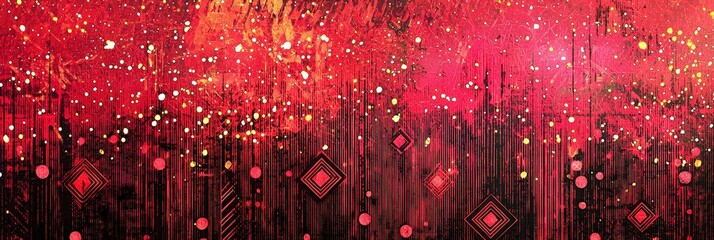 Wall Mural - An abstract composition comes alive with rich reds, sparkling dots, and geometric designs, drawing attention in a modern art gallery setting, captivating all who pass by