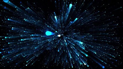 Wall Mural - Abstract blue light streaks and dots on a black background.
