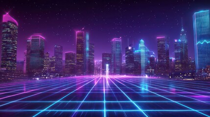 Wall Mural - a futuristic cityscape with neon lights and a glowing grid in the foreground, evoking a retro 80s ae