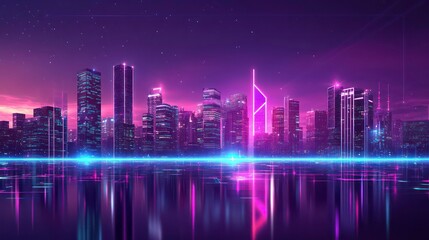 Wall Mural - a futuristic cityscape with neon lights reflecting in the water at night.