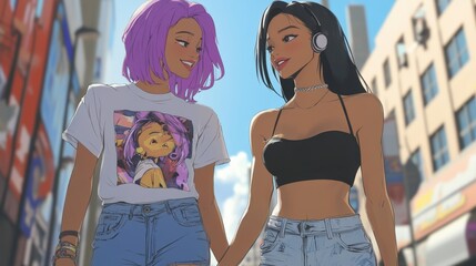 Two friends, one with purple hair and the other with black, stroll together in a lively city. They enjoy a carefree moment filled with friendship and style