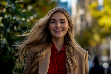 A female influencer with long blonde hair, wearing an elegant beige coat and red blouse.