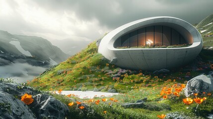 Poster - Futuristic luxury modern concrete green colorful flower on top of hill.