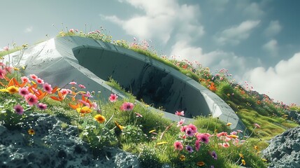 Poster - Futuristic luxury modern concrete green colorful flower on top of hill.