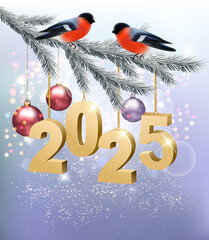 Fototapete - Holiday Christmas background with christmas brunch of trre, red bullfunch and a colorful balls. Vector