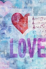 Poster - An abstract design combines a prominent red heart and musical notes layered over a textured blue background, conveying a message of love and artistic expression