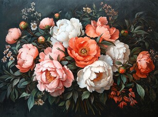 Poster - arrangement of peonies in soft pink, white, and coral hues, accentuated by rich green leaves on a dark backdrop, creating an elegant floral display, Mother’s Day 