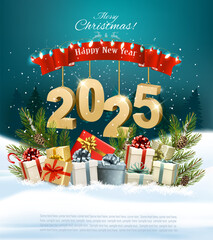 Poster - Christmas holiday background with presents and a gold 2025 numbers. Vector illustration
