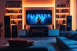 © Exclusive  - The cozy living room features a modern design with ambient lighting, where a live concert is displayed on a large screen, creating a vibrant atmosphere for relaxation
