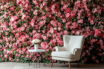 Aufkleber - A stylish white armchair is positioned next to a round table featuring a flower arrangement, against a lush backdrop of blooming pink roses in a warmly lit space