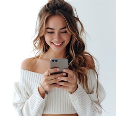 Poster - A girl with her phone in her hand and be happy with a white background.