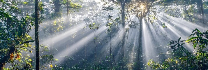 Poster - Stunning Aerial View of a Lush Verdant Tropical Rainforest with Tall Trees and a Vibrant Green Canopy  Beams of Sunlight Beautifully Filter Through the Dense Foliage