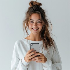 Wall Mural - A girl with her phone in her hand and be happy with a white background.