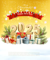 Poster - Merry Christmas and Happy New Year Background  with christmas wreath. Colorful gift boxes with Santa Hat and bright multicolor garland. Vector