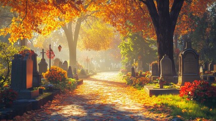 Poster - A peaceful cemetery path is lined with vibrant autumn leaves as sunlight streams through the trees, creating a warm and serene atmosphere on a calm afternoon